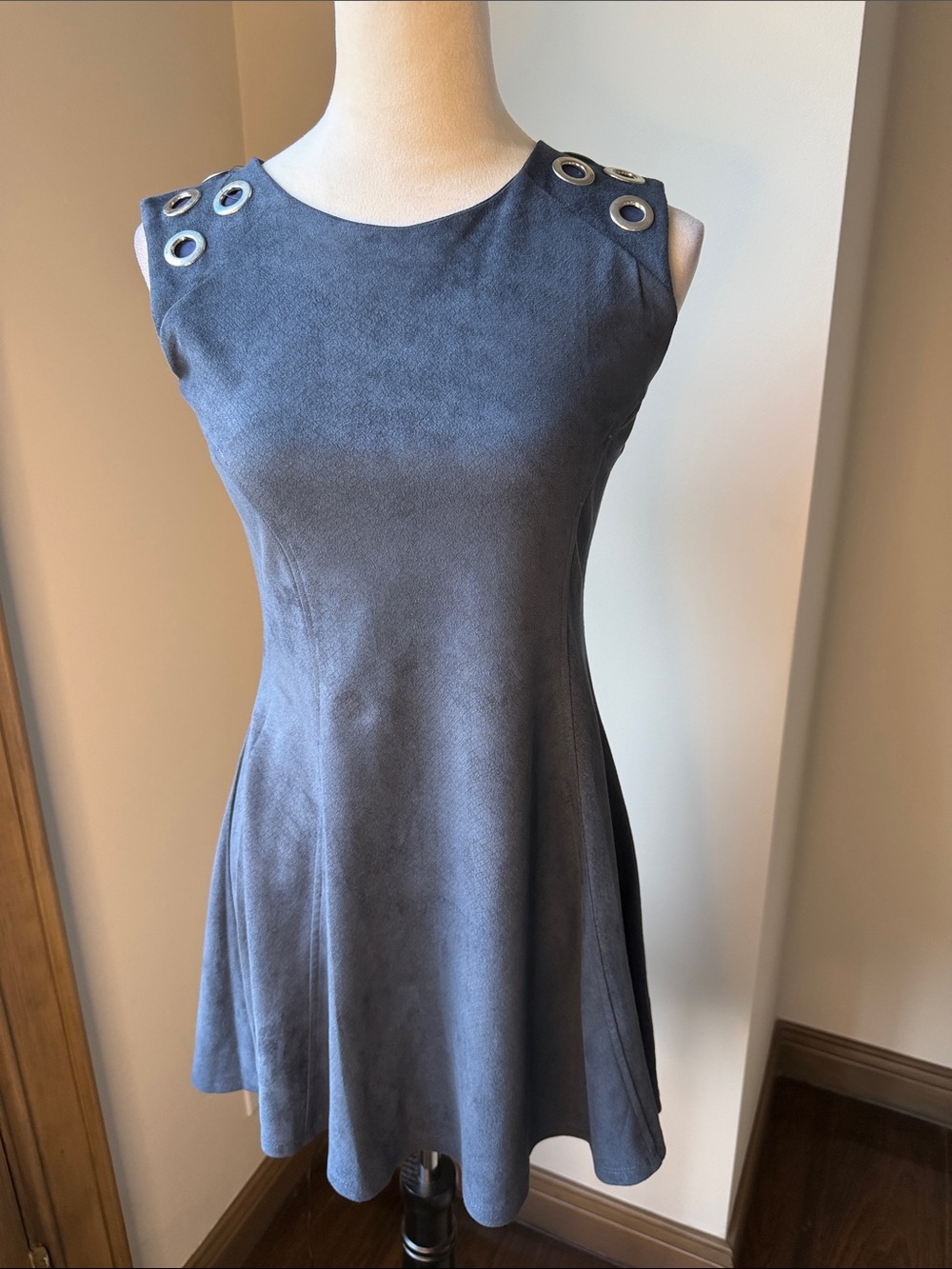 MISS BEHAVE Girls Sleeveless Grey Blue Skater Dress Gromet Hardware Size 14